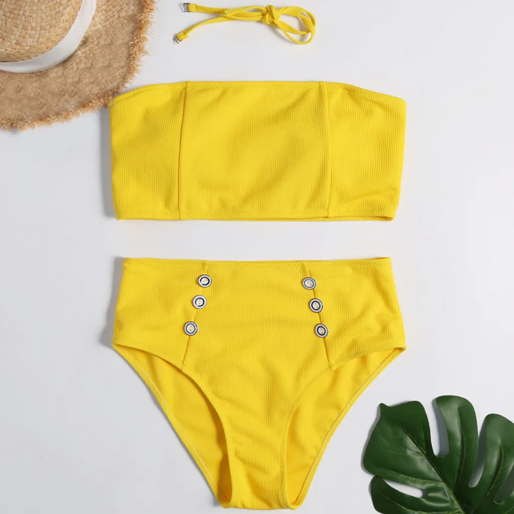 WomenTube Топ бандо разделение бикини сплошной цвет: черный желтый Кнопка комплект