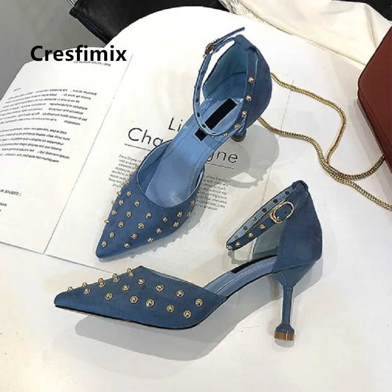 Туфли Cresfimix женские с заклепками удобная обувь на высоком каблуке синими