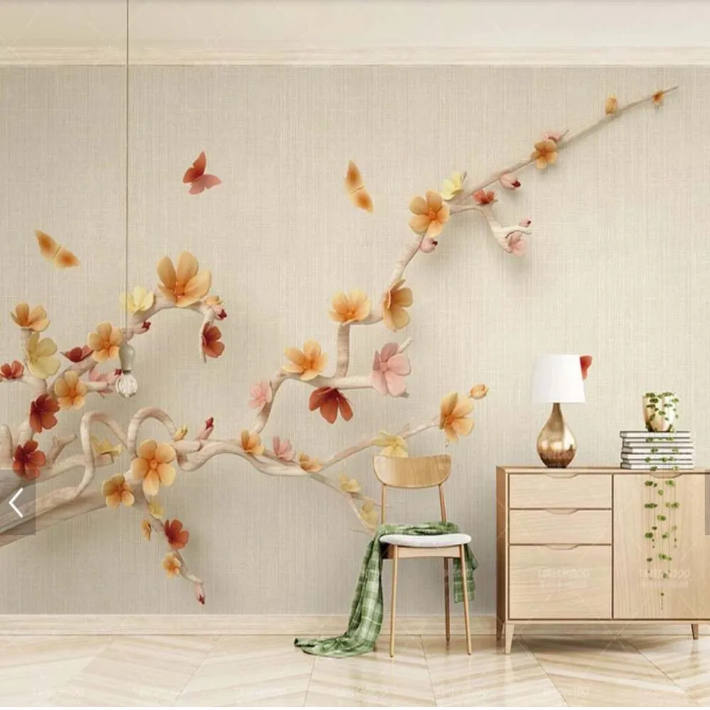 

3D Embossed Cherry Blossom Sakura Plum Blossom Butterfly Flower Photo Wallpaper Mural for Living Room Floral Decor Mural Custom
