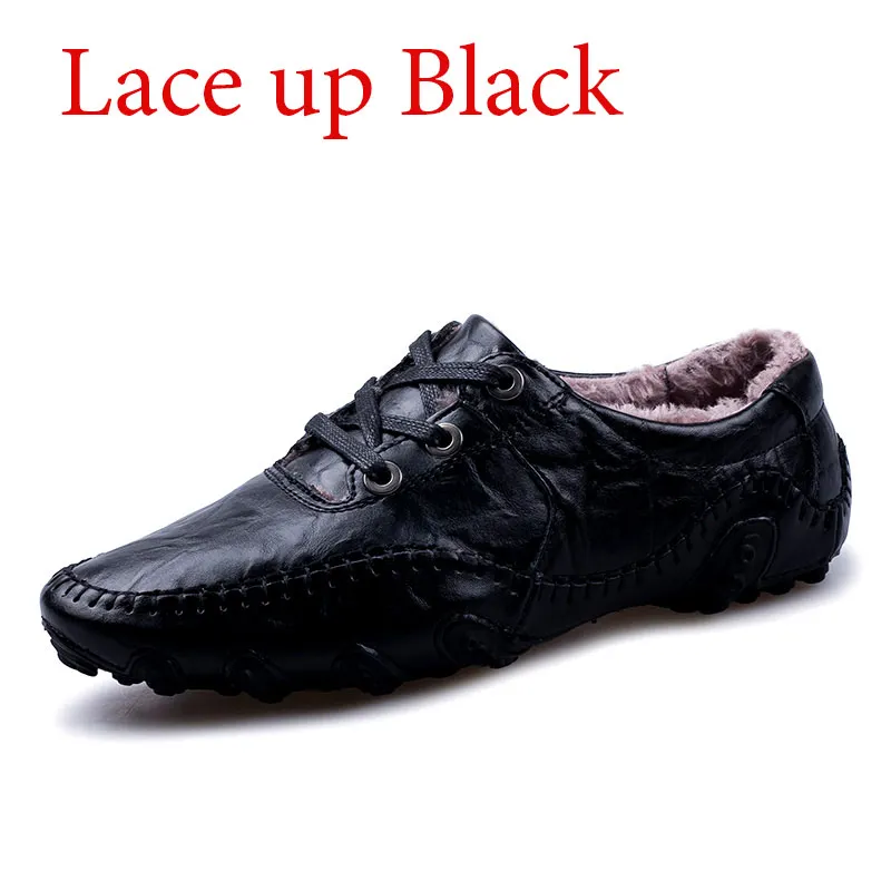 lace up black Зимняя повседневная мужская обувь на меху; мужские лоферы в британском стиле; обувь из натуральной кожи; мужские мокасины на плоской подошве; Мужская обувь для вождения - Цвет: lace up black