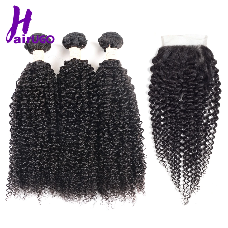 HairUGo волосы пряди кудрявых волос с закрытием Связки малайзийских волос с закрытием натуральные черные 3 пучка с закрытием не Реми