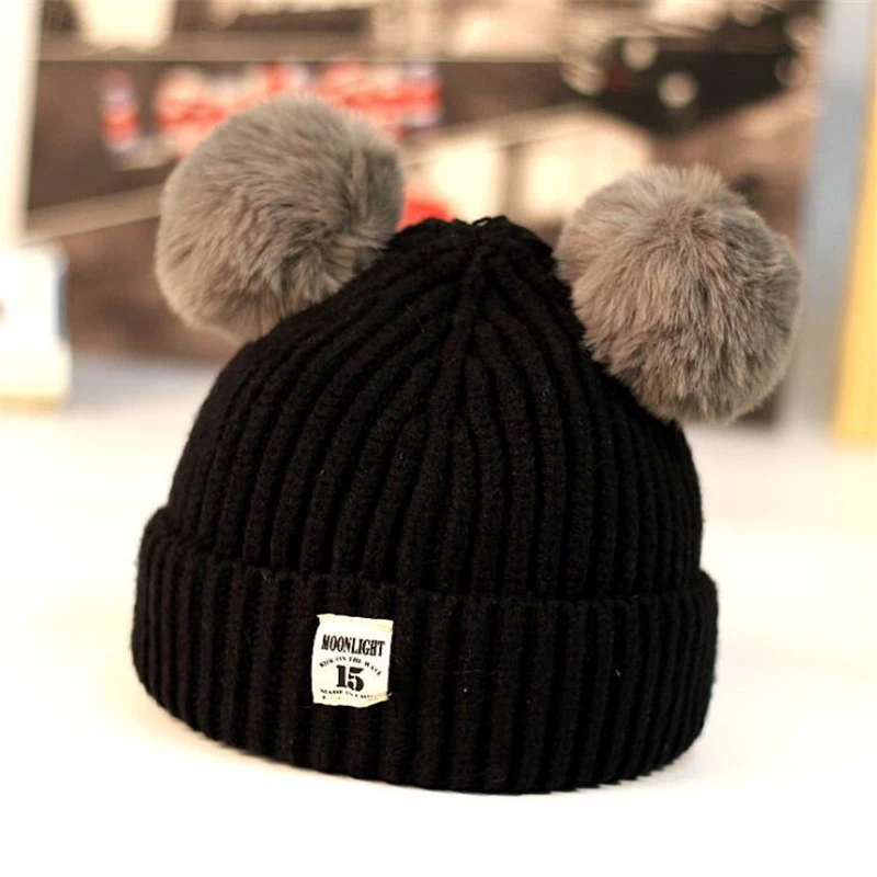 2019 Korean Style Baby Winter Warm Beanies Caps Dual Ball Boys Girsl Knitted Hats Child Kid Cotton Hat For 6~24Months | Детская одежда