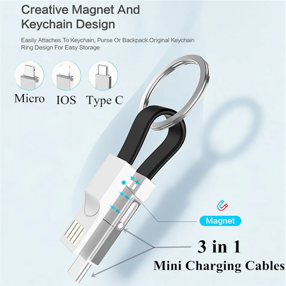3 в 1 USB кабель портативный магнитный телефон зарядное устройство кабель для зарядки Тип C Micro USB Освещение 2A мини брелок для iPhone samsung
