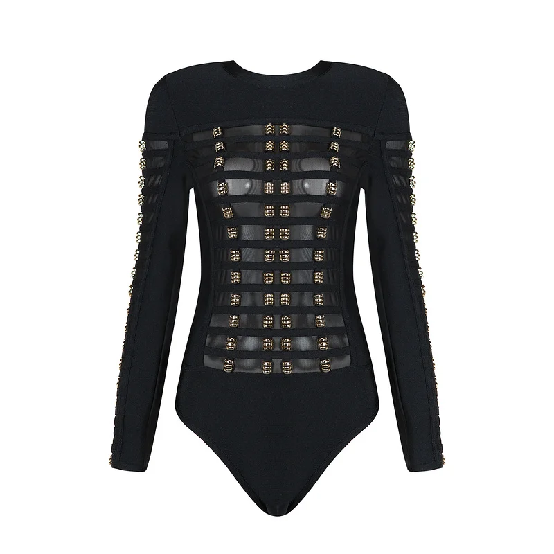 High Quality Black White Sexy Long Sleeve Hollowout Sheath Rayon Bandage Bodysuit Bodycon Fashion Bodysuit