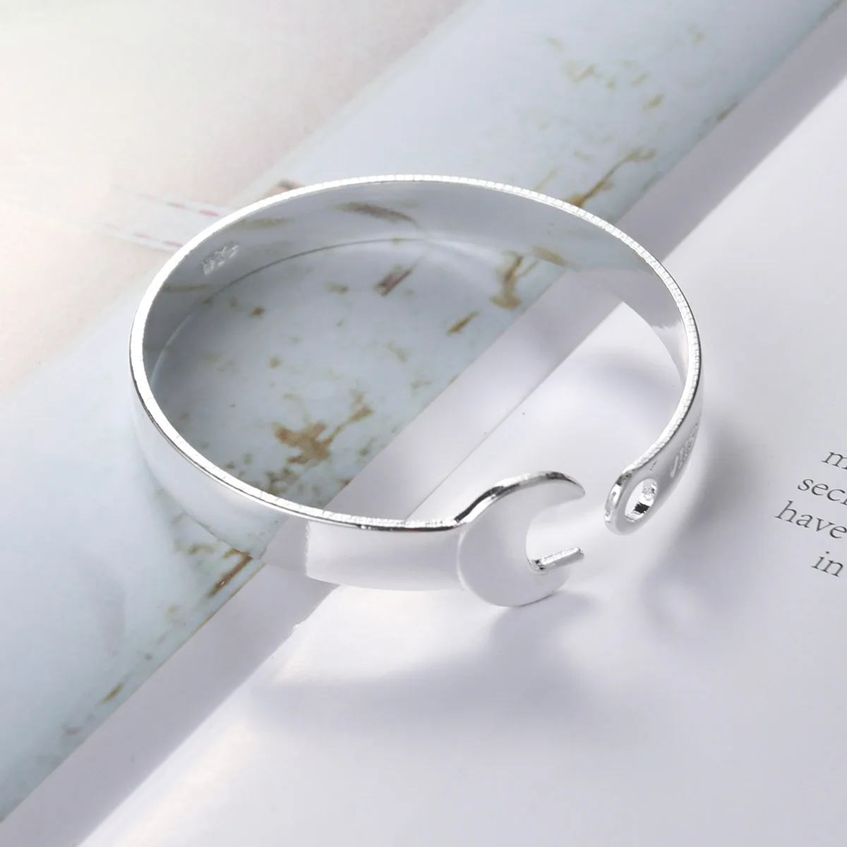 Vintage Retro Open Bracelet Wrench Shaped Unisex Titanium Steel Bangle for Women Men(Silver