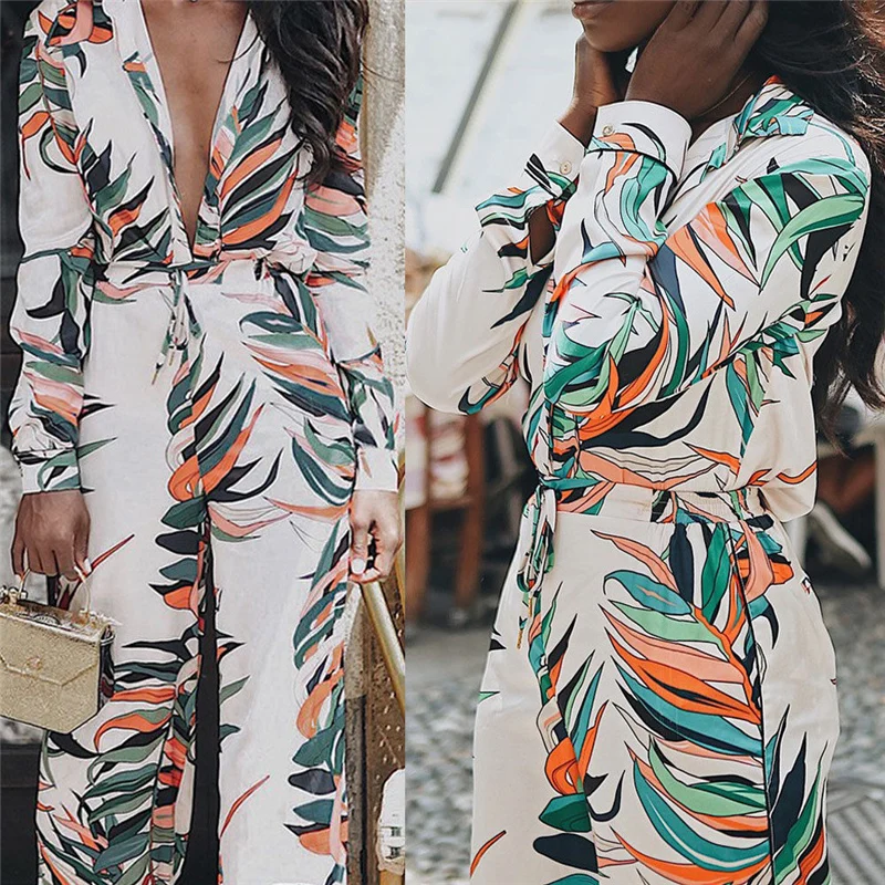 Женский цветочный комбинезон вечерние комбинезоны с длинным рукавом и глубоким v