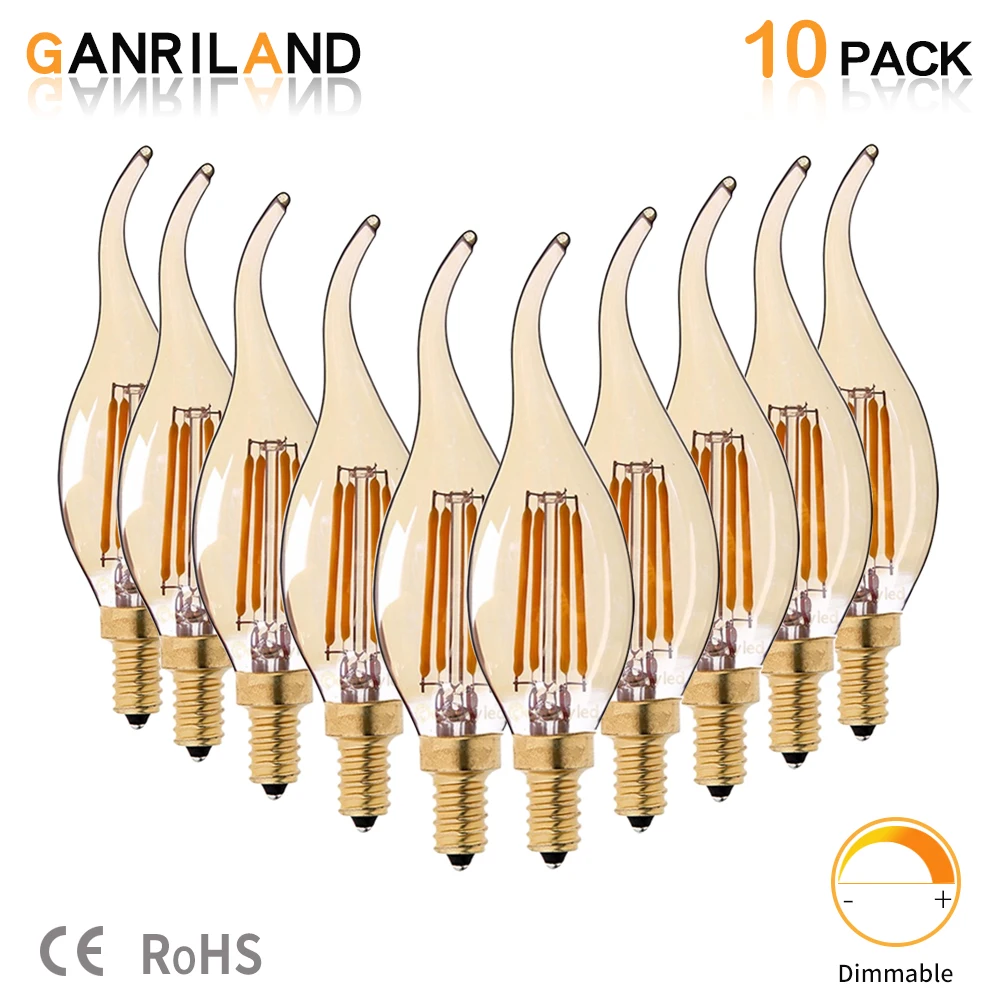 2200K 10pcs GANRILAND светодиодный светильник E14 220V 4W C35 светодиодный Диммируемый свечи накаливания канделябры с изогнутым кончиком 30W - Испускаемый цвет: 2200K 10pcs