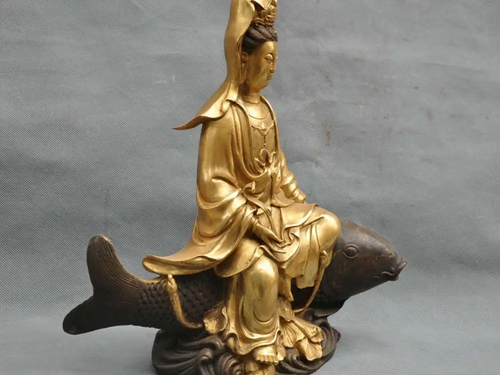 12 &quotChina Buddhism Bronze Guanyin Kwan-yin Buddha Ride Fish Statue | Дом и сад
