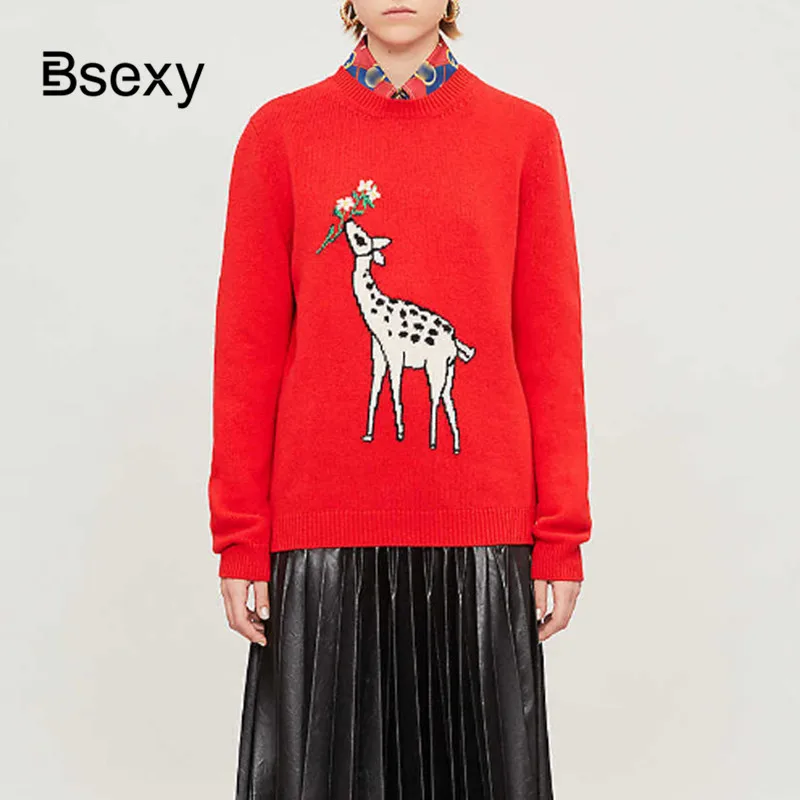 Фото 2019 Early Fall Women Red Sweaters Runway Designer Round Neck Long Sleeve Fawn Pattern Loose Knitted Pullovers Women's Jumper Женская 2019 Early Fall Women Red Sweaters Runway Designer Round Neck Long Sleeve Fawn Pattern Loose Knitted Pullovers Women's Jumper Женская