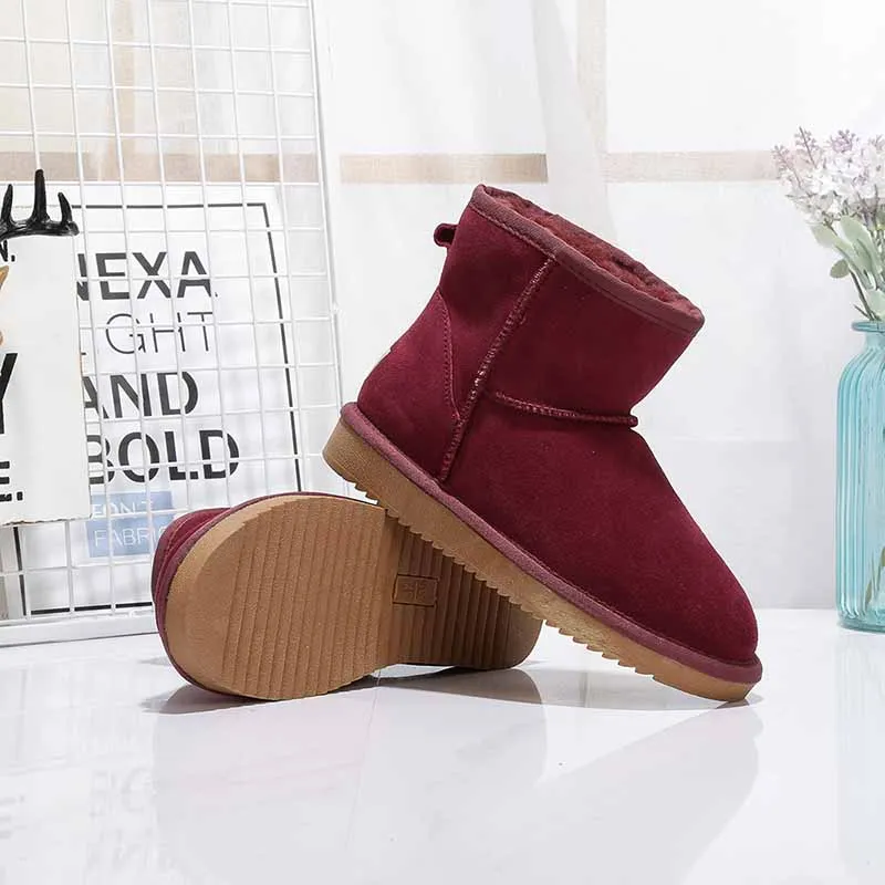 WINE RED Оптом/В розницу! Классические Водонепроницаемые зимние ботинки из натуральной воловьей кожи с натуральным мехом; теплые женские ботильоны; - Цвет: WINE RED