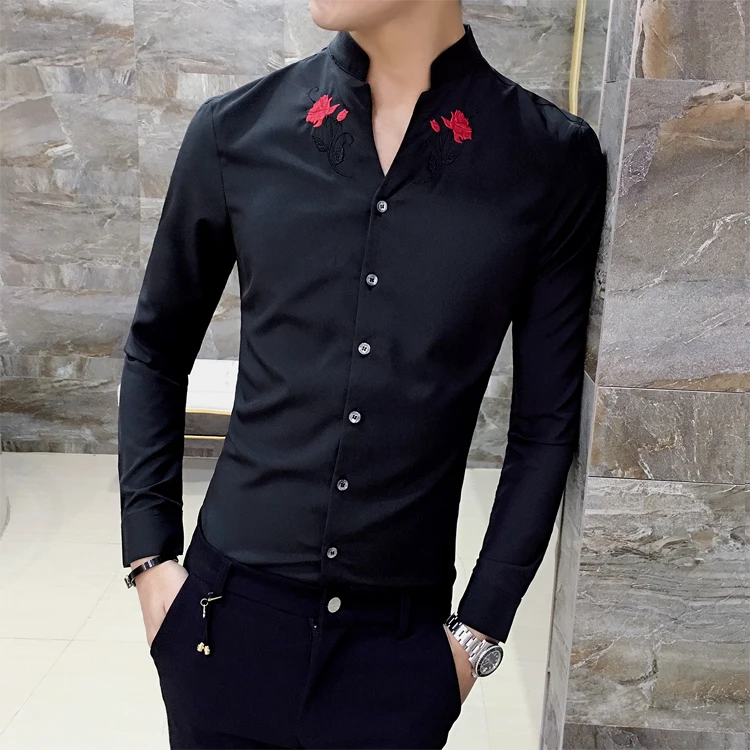 Рубашка с цветочной вышивкой, Camisa Hombre, Клубные, вечерние, свадебные, Chemise Homme Camisa Masculina, рубашка с длинным рукавом, мужская одежда