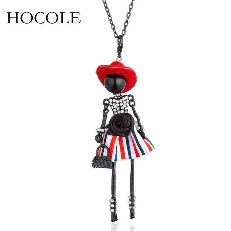 Женское Ожерелье с куклой в полоску красная шляпа кулоном цветочек со стразами