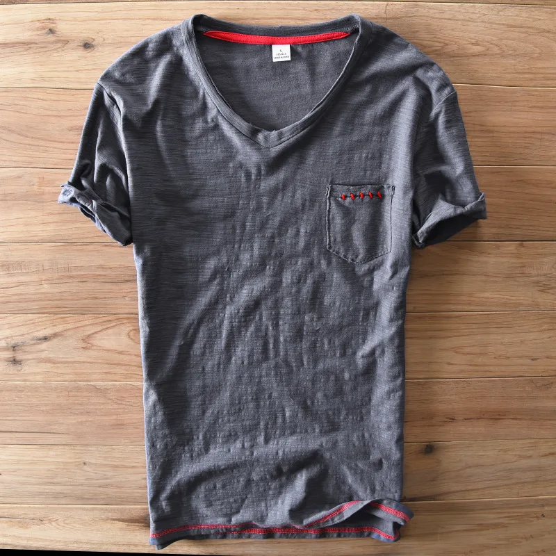 2018 г. Новые брендовые Лен футболка мужские летние с коротким рукавом v образным