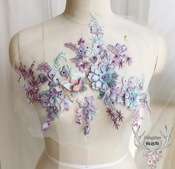 purple 1 шт 36*27 см 3D цветок красочные сетки вышитые жемчугом бисером кружева аппликация с Стразы DIY кружевная ткань отделка - Цвет: purple