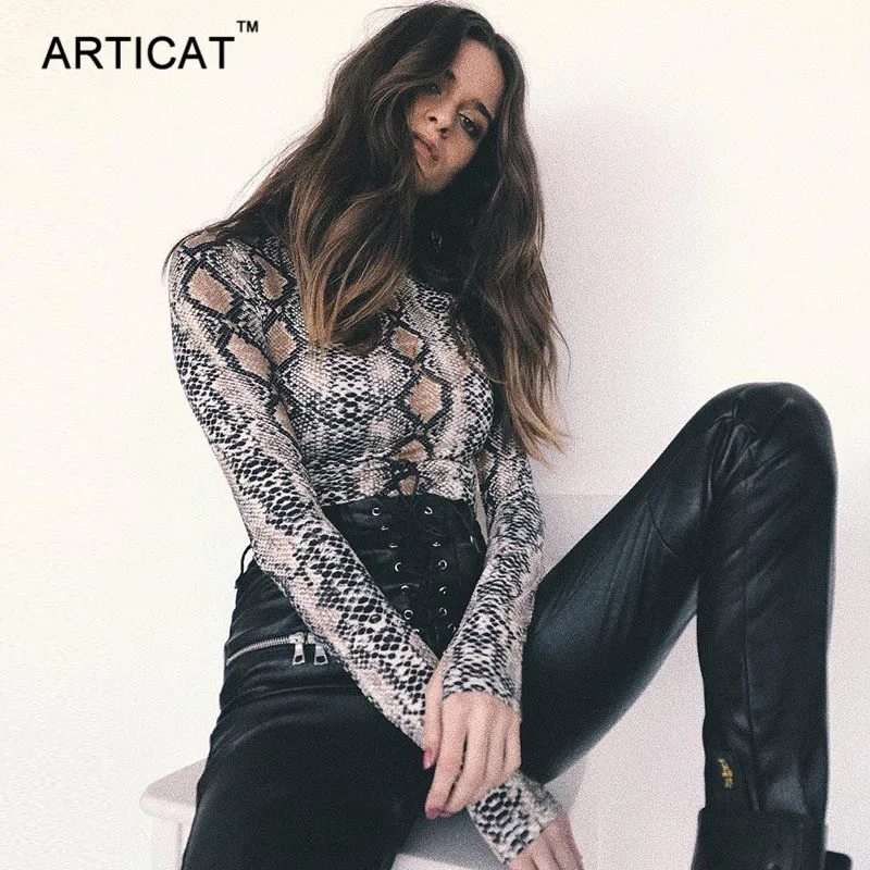 Articat мода змея печати боди Для Женщин Осенние Топы с длинным рукавом Bodycon комбинезон Для женщин s комбинезон вечерние Club комбинезон Комбинезоны