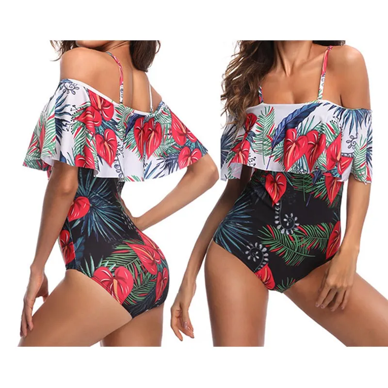 Сексуальный женский слитный купальник бандажный с цветочным принтом и открытыми