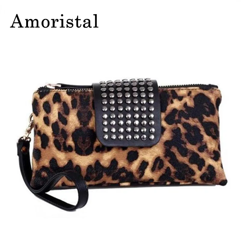 Leopard Клатч с леопардовым принтом, дизайнерская женская сумка на молнии с заклепками, кошелек, держатель для карт, клатч кошелек для монет, браслет, вечерняя сумка, подарки B163 - Цвет: Leopard