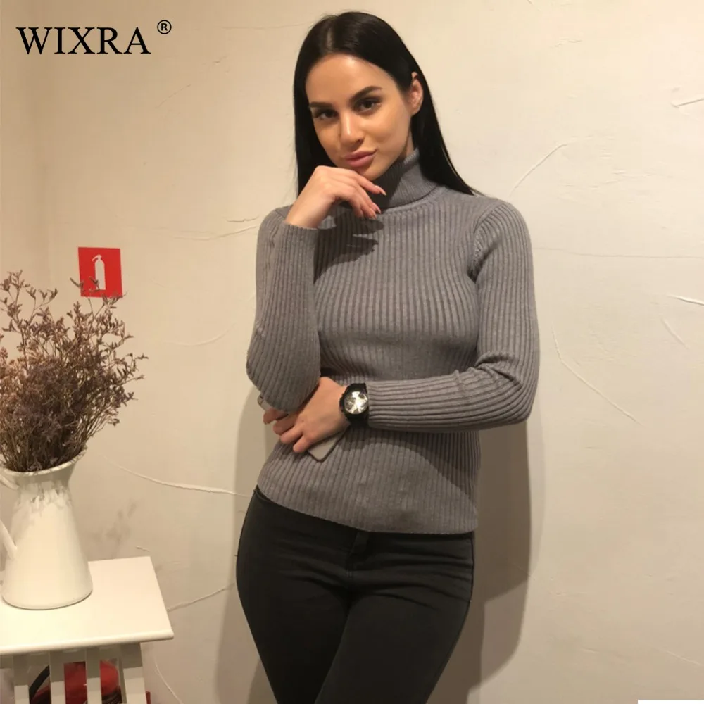 Осень-зима 2017 Женская водолазка Wixra облегающие пуловеры однотонные с длинным