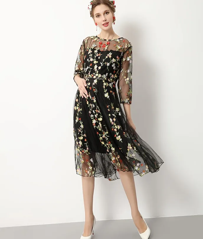 Цветочная вышивка черные летние платье для беременных ночь часть платья