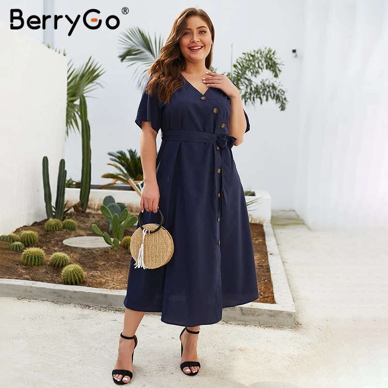 BerryGo плюс размер платья женское платье Элегантное с коротким рукавом кнопка