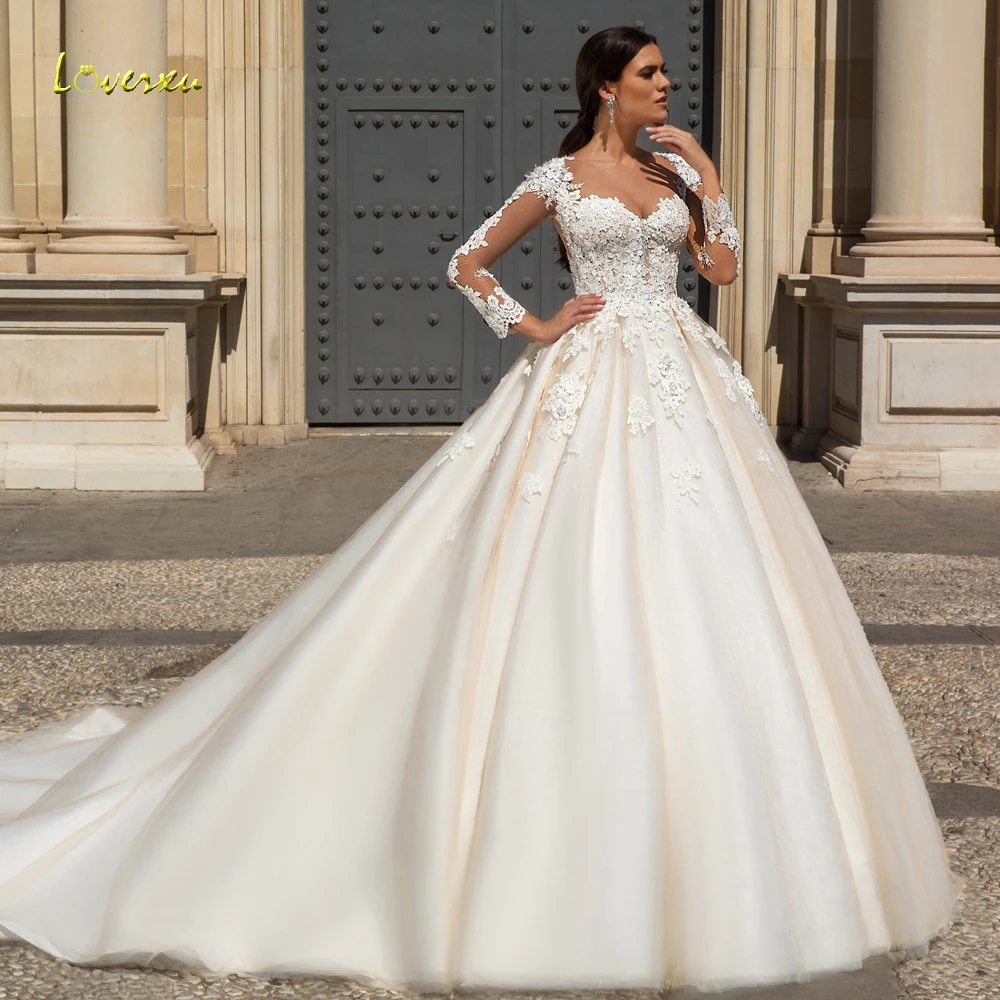 

Loverxu Sexy Illusion Long Sleeve Ball Gown Wedding Dresses 2021 Luxury Appliques Beaded Flowers Court Train Vintage Bridal Gown