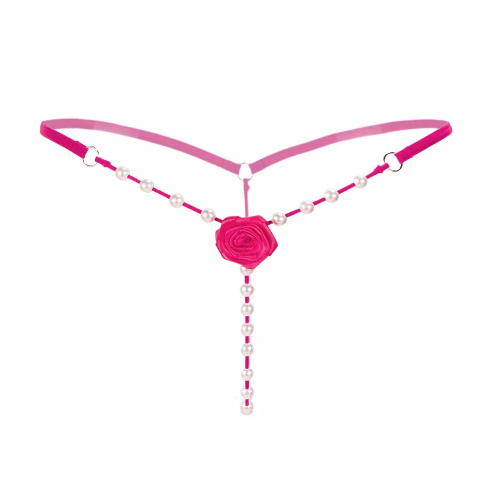 rose red Сексуальное женское нижнее белье, с жемчугом, с массажным цветочным декором, стринги с низкой посадкой прозрачный, Соблазнительные трусики для женщин, lenceria - Цвет: rose red
