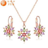fym fashion flower jewelry set for women rose gold color colorful cubic zircon crystal hoop earring necklace jewelry sets