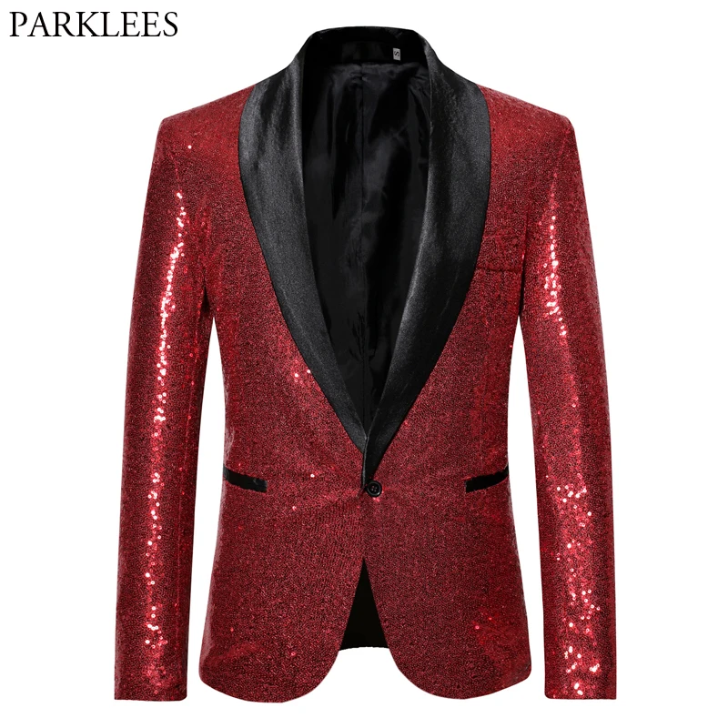 Shiny Red Sequin Bling Glitter Blazer Jacket Men 2019 New Shawl Collar One Button Nightclub Party Prom DJ Rock and Roll Costumes | Мужская