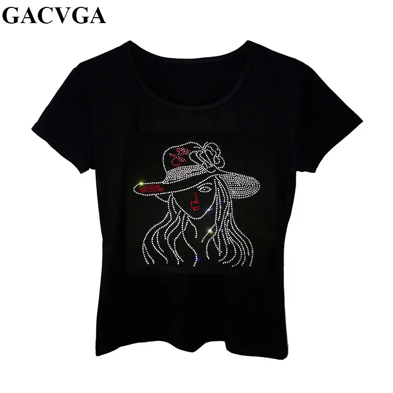 

GACVGA 2019 Diamond Women Shirt Short-Sleeved Cotton Simple Bottoming Shirt Summer Ladies Crop Tops Mujer Casual Rhinestone