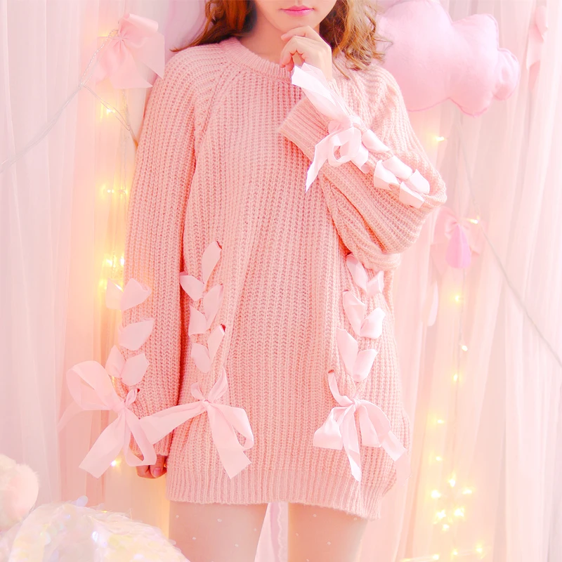 Осенние Японские Женские свитера на шнуровке с лентами модная Милая вязаная