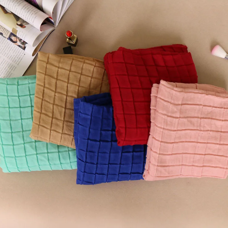 2019 women's new scarf monochrome crease plaid Bali yarn ladies fashion Muslim folds solid color cotton and linen | Аксессуары для