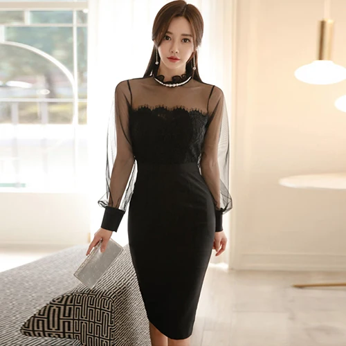 Black H Хан queen Новое поступление Vestidos Для женщин Повседневное Сетчатое платье черный Вечеринка платья карандаш Vestido de festa корейский тренд - Цвет: Black