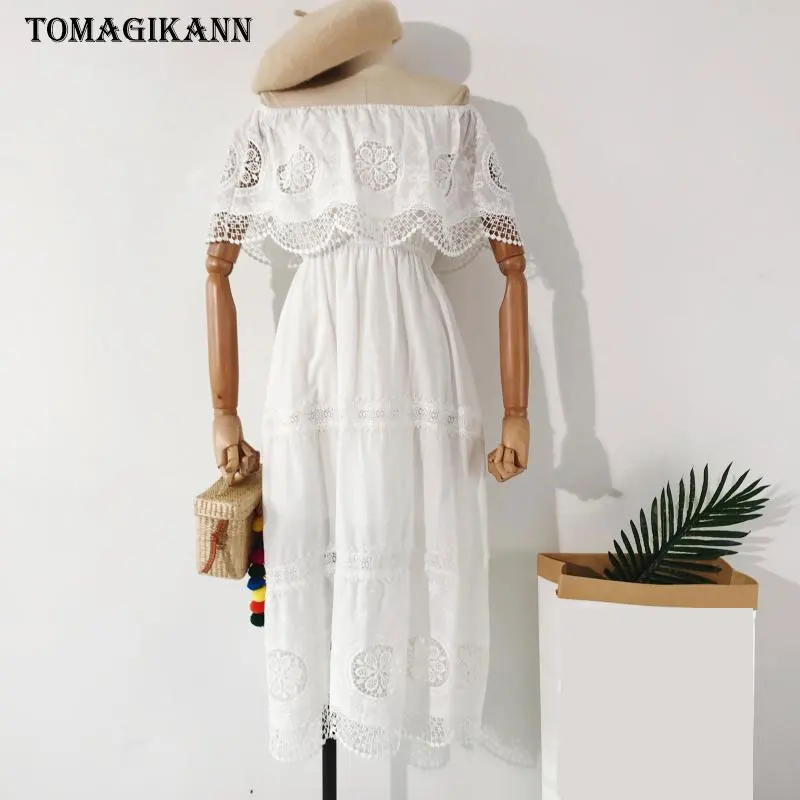 2019 Boho кружева со складками с открытыми плечами женское платье крючком Высокая