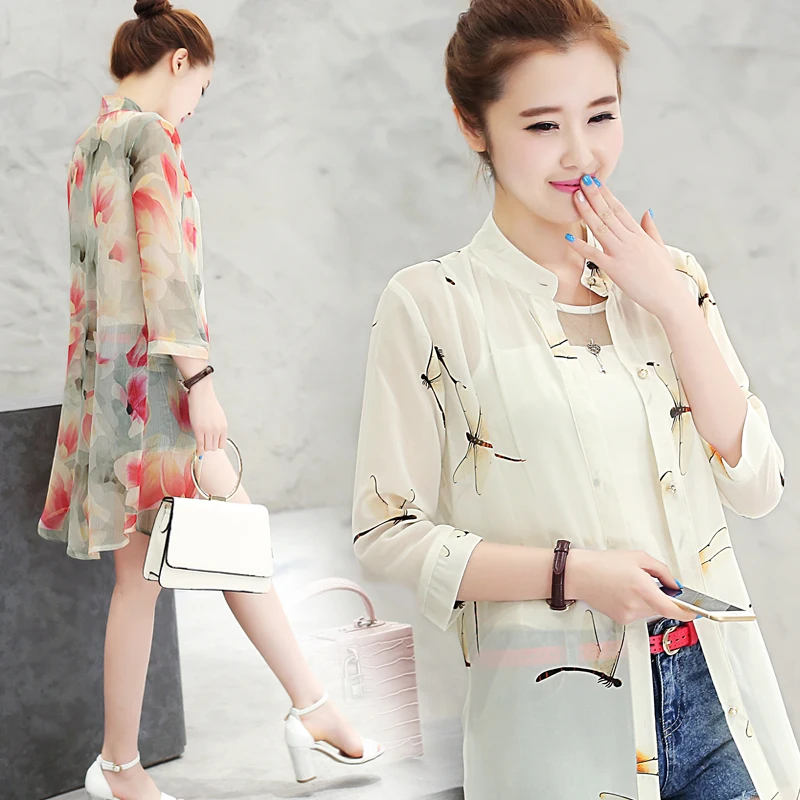 Женская длинная рубашка летняя шифоновая с рукавом 3/4 и цветочным принтом