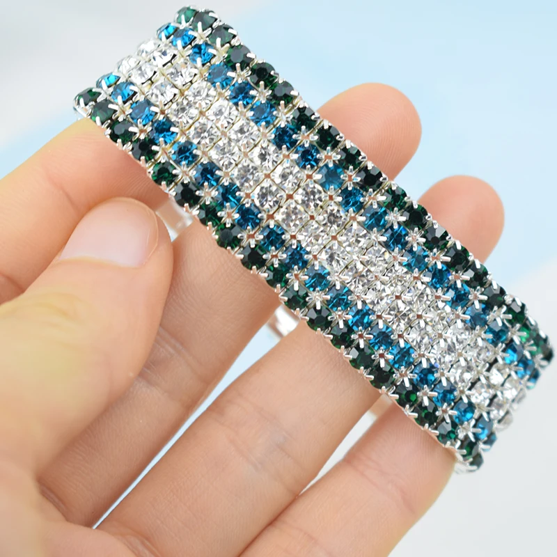Модный 6-рядный полноразмерный эластичный браслет стразы королевский синий