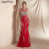 janevini sparkling beaded luxury mermaid prom dresses high neck lace crystal sleeveless red evening gowns vestidos de gala longo