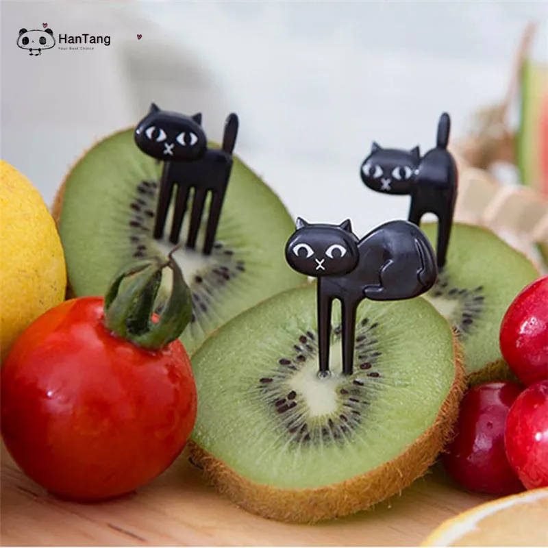 Хит продаж 6 шт. Милая Мини-вилка с черным котом и фруктами Детская вилка
