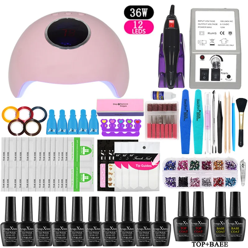 36w led lamp Nail Set 36/48/72W UV LED Gel Lamp for Nails Manicure Set 10 pieces Gel Nail Polish Varnish Extension Polygel Tool Kit nail kit - Цвет: 36w led lamp