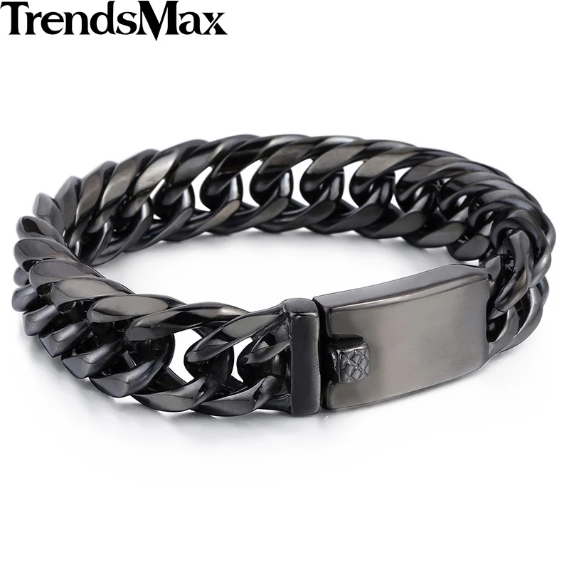 

316L Stainless Steel Bracelet for Mens Boys Big Hip Hop Black Rombo Double Curb Chain Black Wristband Male Jewelry Gifts 16mm