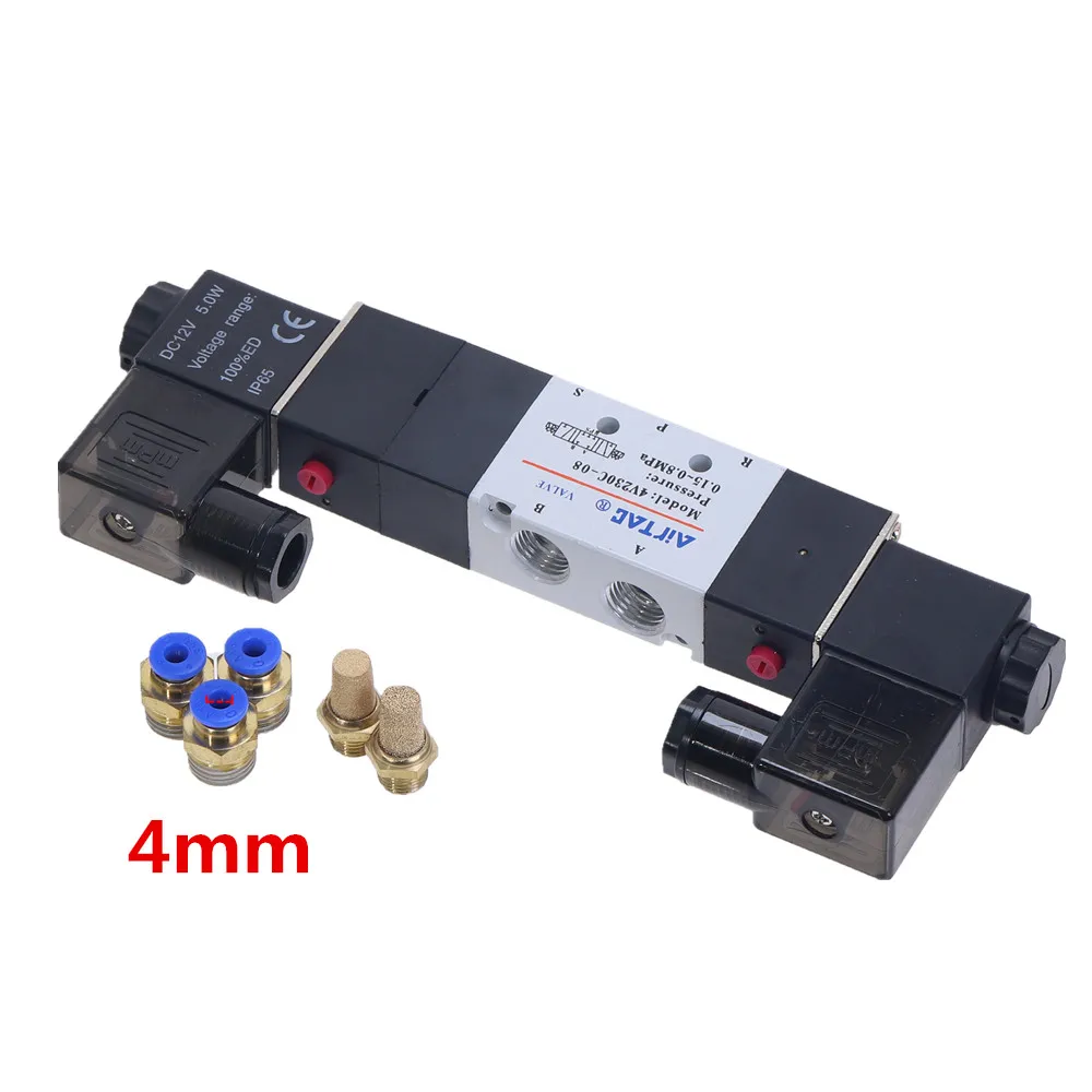 4mm AIRTAC 4V230-08C 5 Way 3 позиции 1/" Пневматический электромагнитный клапан DC12V DC24V AC110V AC220V w фитинги разъем 4681012 мм - Цвет: 4mm