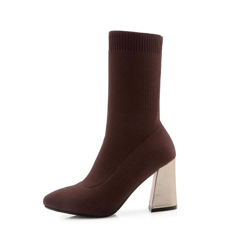 RizaBina Plus Size 33-46 Sexy Women Mid Calf Boots Patchwork Warm Shoes Fashion Sock High Heel Designer Winter | Обувь