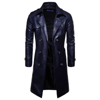men long trench coat 2022 new fashion slim fit pu leather long overcoat double breasted autumn winter british male coat trench