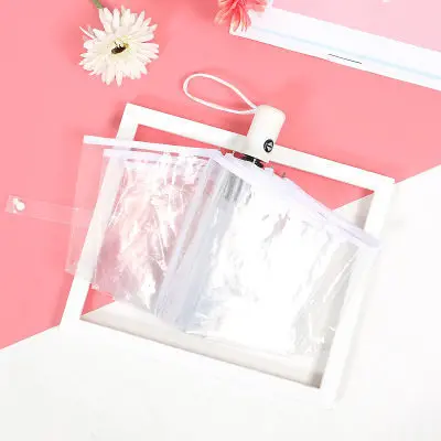 White handle white Полностью автоматический прозрачный складной зонт от солнца, дождя, ветрозащитный зонтик, тройной складной Дамский зонт на заказ с вашим логотипом - Цвет: White handle white