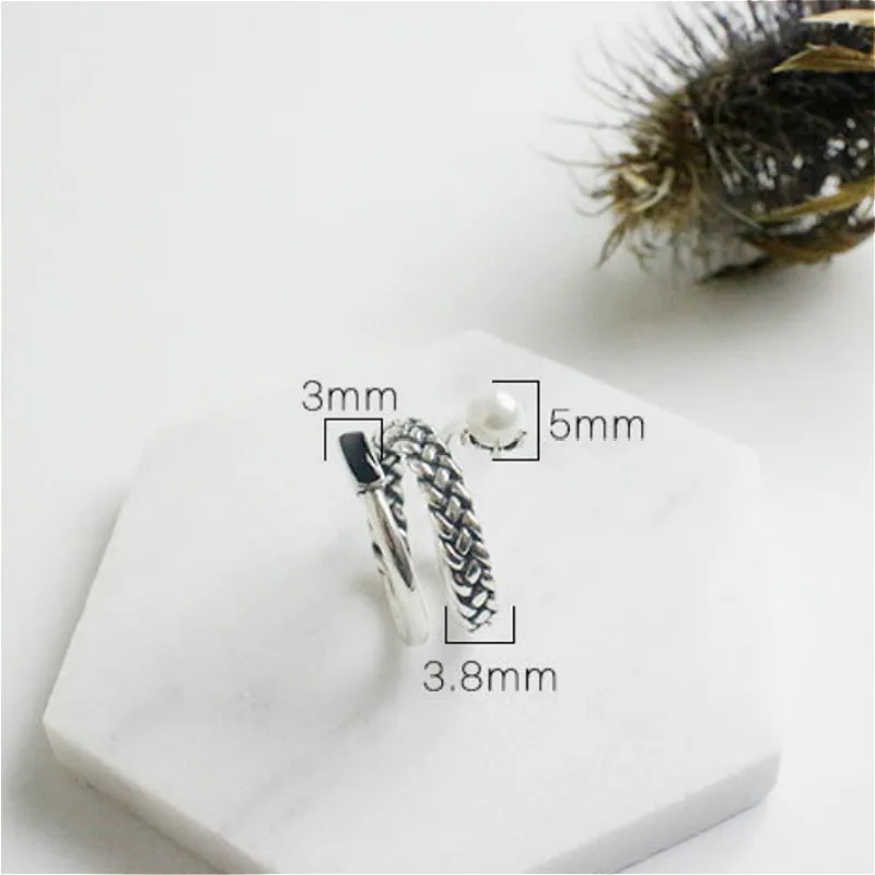 

Flyleaf 925 Sterling Silver Rings For Women Multi-layer Woven Black Epoxy Pearl Femme Fashion Fine Jewelry Open Ring Vintage
