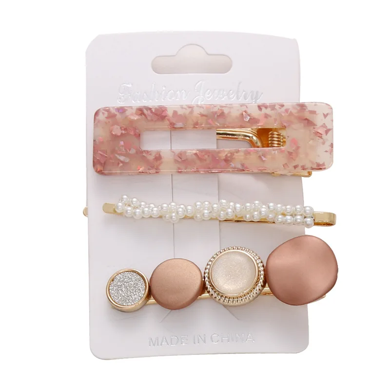 

New 3PCS/Set Women Girls Acrylic Hollow Rectangle Pearl Hair Clips Tin Foil Sequins Hairpins Barrettes Headband Hair Accessories
