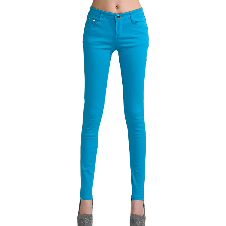 Sky Blue Jeans Женские джинсы, яркие брюки, узкие джинсы, женские эластичные облегающие брюки, средняя талия, полная длина, на молнии, Стрейчевые узкие женские штаны - Цвет: Sky Blue Jeans