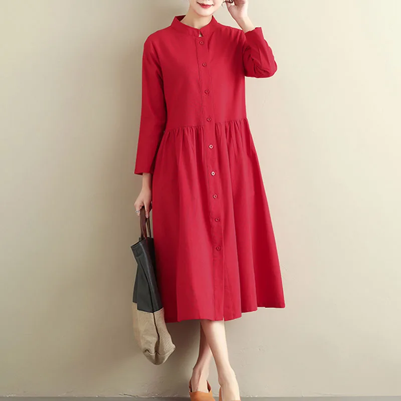 2019 Long Sleeve spring Autumn Dress Folk Style Women's Cotton Linen Turn-down Collar Casual Dresses Buttons Pockets aa886 | Женская