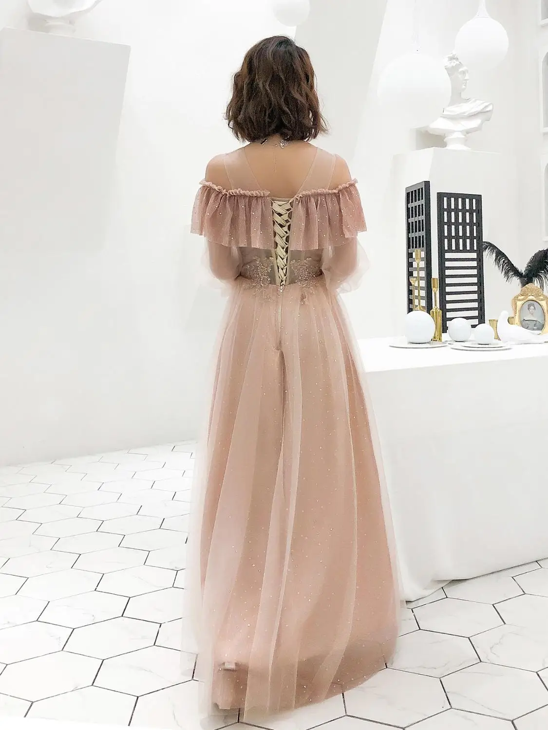 Блестящие банкетные платья Сетчатое шифоновое длинное платье с круглым вырезом