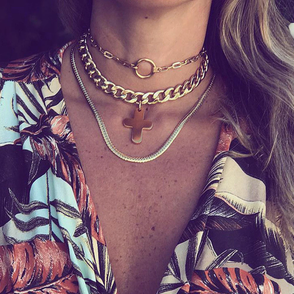 Для женщин Винтаж Крест Подвески Многослойные ожерелья цепи Мода Jewelry тройной
