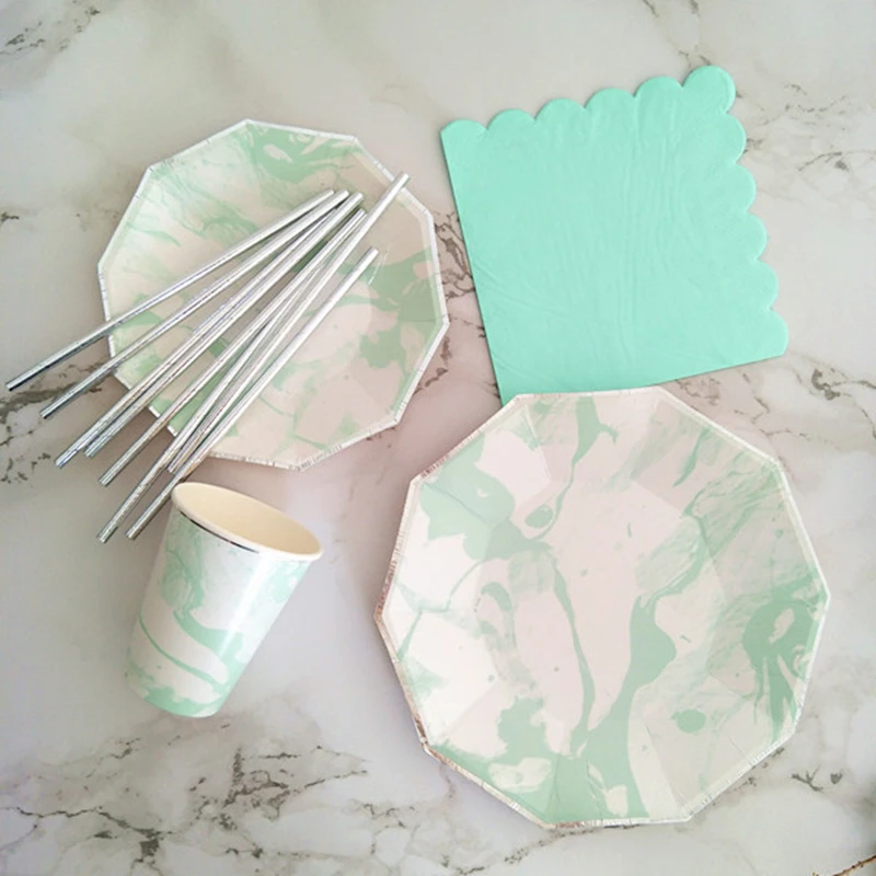 40 Sets Mint Marble Paper Tableware Plates Cups Napkins Straws for Thanksgiving Christmas Eve Celebration Party Supplies | Дом и сад